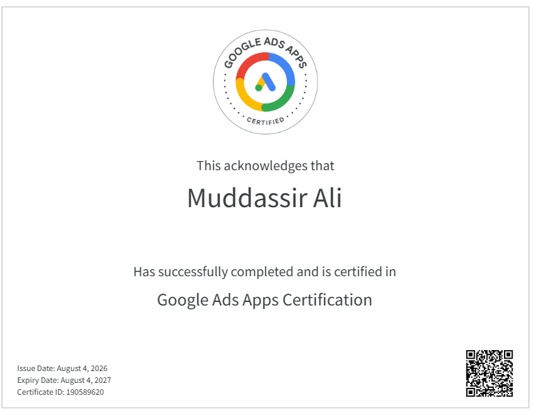 Google Ads Apps certificate issued by Google to Muddassir Ali, certificate ID 190589620
