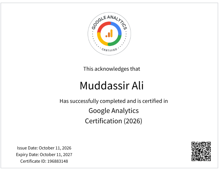 Google Analytics certificate issued by Google to Muddassir Ali, certificate ID 196883148