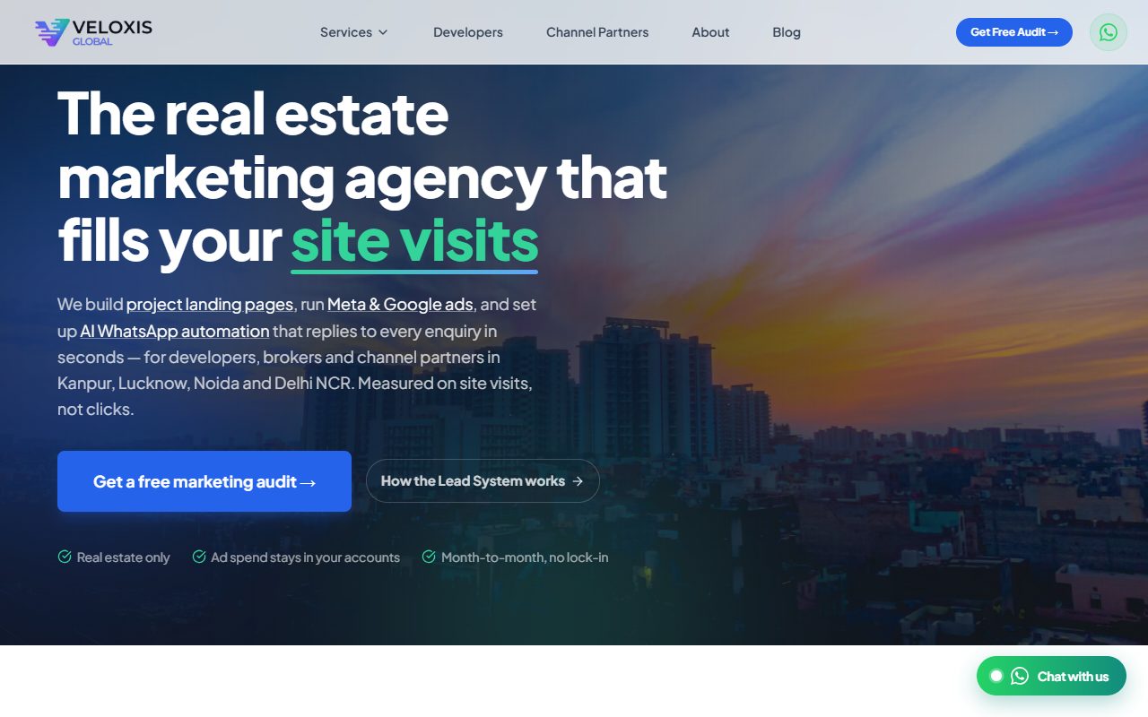 Screenshot of the veloxisglobal.com homepage with the headline about filling site visits