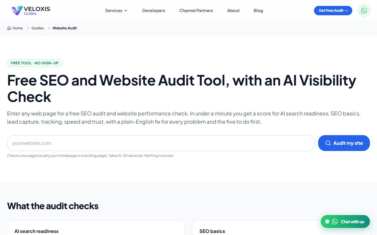 Screenshot of the free website audit tool page with a web address box and an Audit my site button